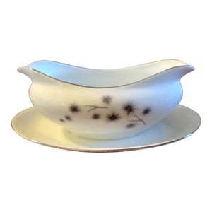 Vtg Platinum Star Burst Creative Gravy Bowl Boat Attached Plate Porcelain #1014